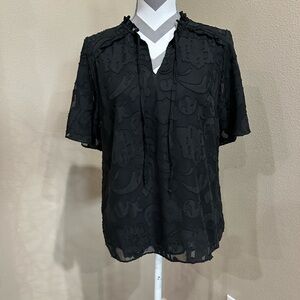 Miss Me Black Blouse with Floral printed Sheer material, drawstring, EUC!